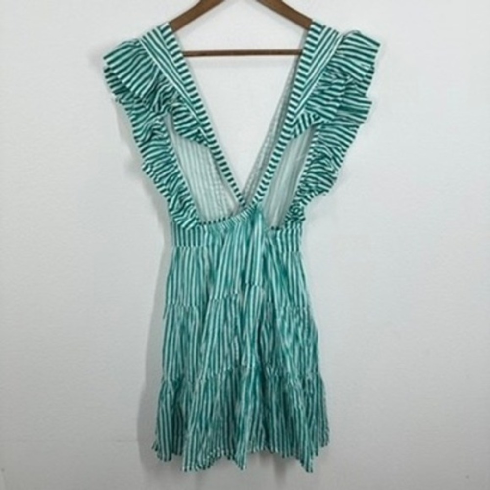 Oliphant Green Striped Mini Dress V Neck Ruffle Sleeve Tiered Cotton Summer - Picture 9 of 9